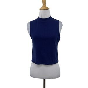 GB Fashion Francescas Tank Womens M Navy Ribbed Sleeveless Lettuce Hem Mock Neck